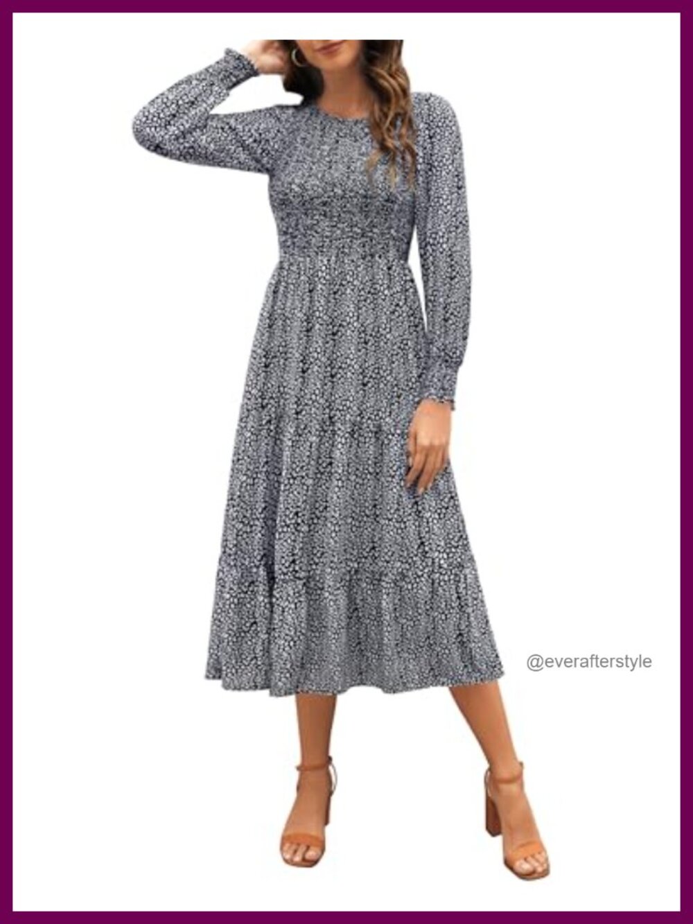 Womens Long Sleeve Smocked Boho Floral Tiered Midi Dress with Pockets